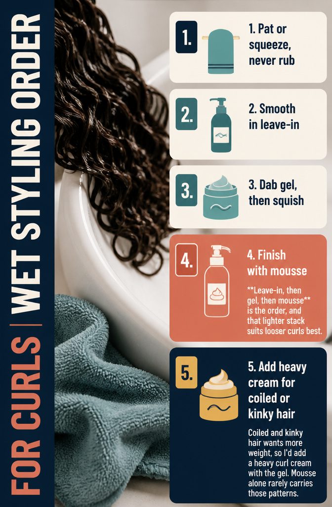 Wet styling guide showing leave-in conditioner gel and mousse