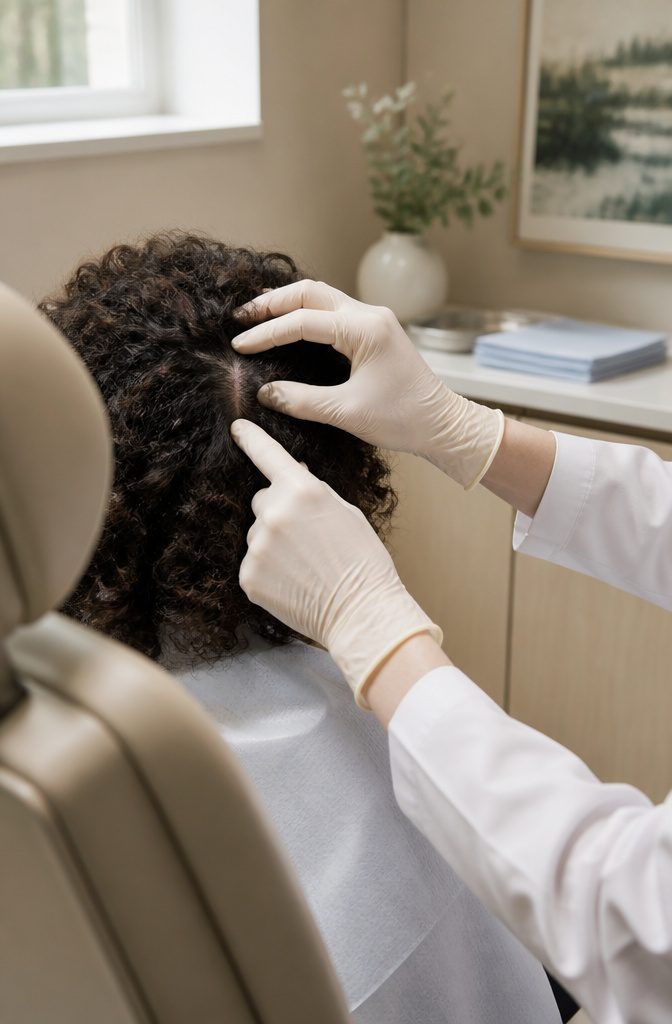 Dermatologist examining an irritated scalp through parted curly hair