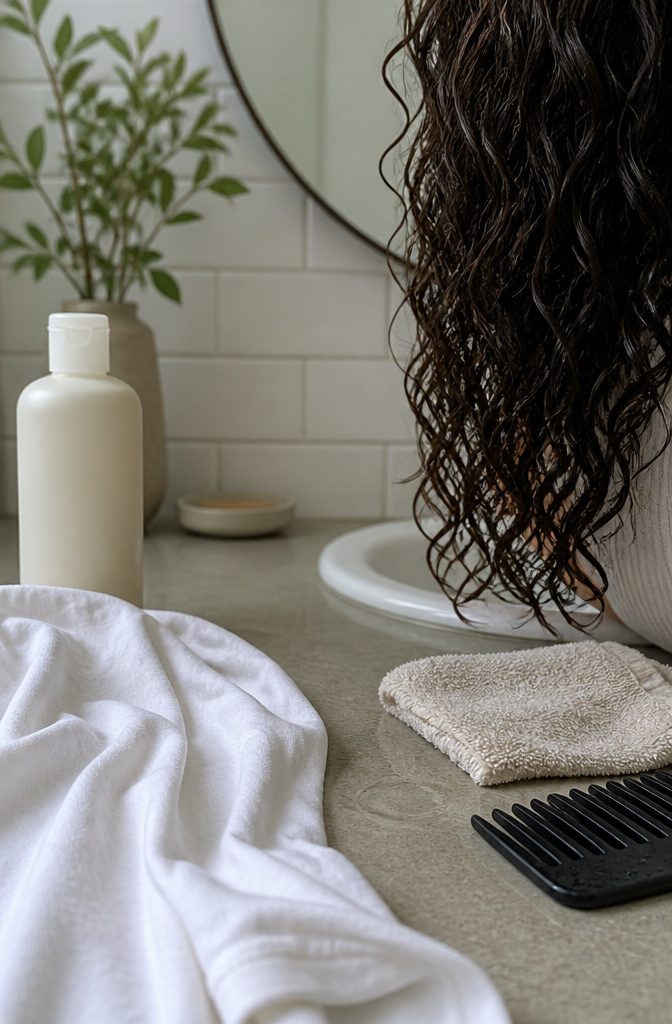 Sulfate-free cleanser and cotton T-shirt beside damp naturally defined curls