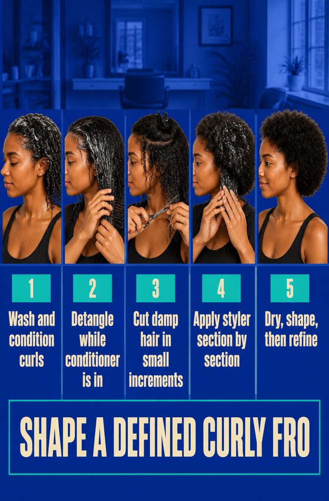 Beauty guide titled Shape a Defined Curly Fro with numbered styling steps
