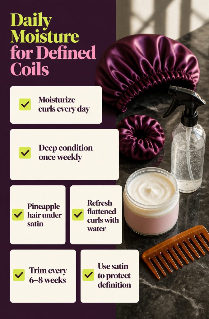 Beauty guide titled Daily Moisture for Defined Coils with care tips