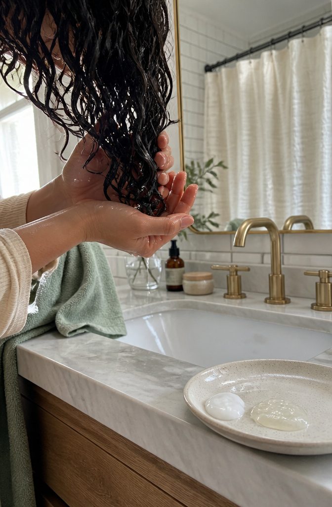 Hands scrunching gel into dripping curls beside a dish of cream and gel