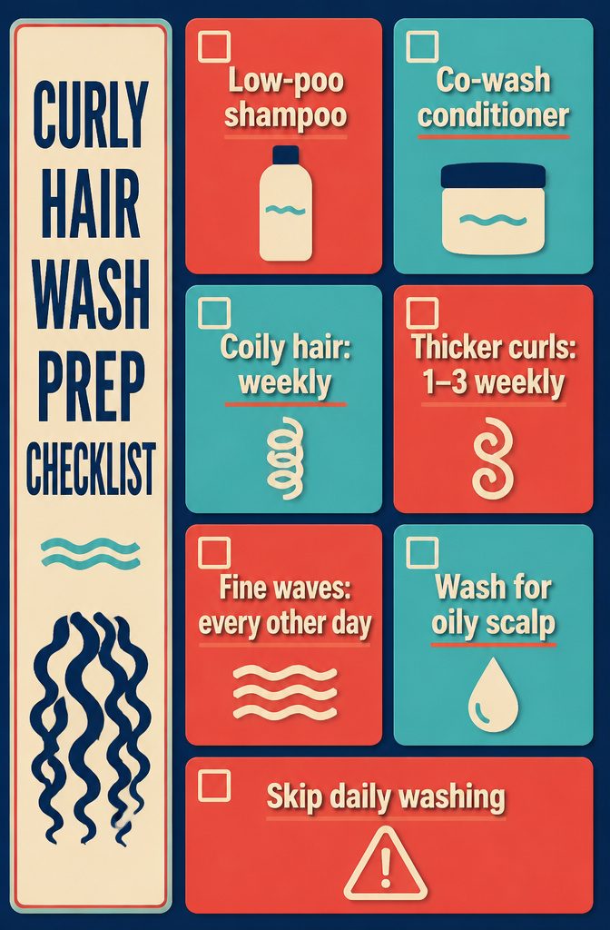 Curly hair wash checklist with short notes and product illustrations