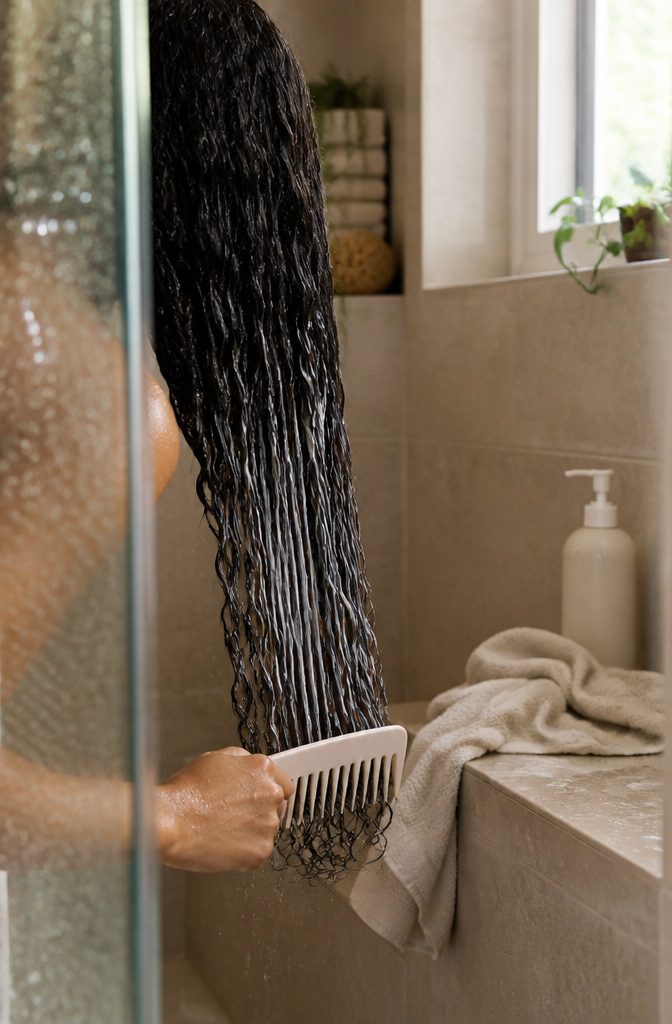 Wide-tooth comb detangling conditioner-coated curls near the ends