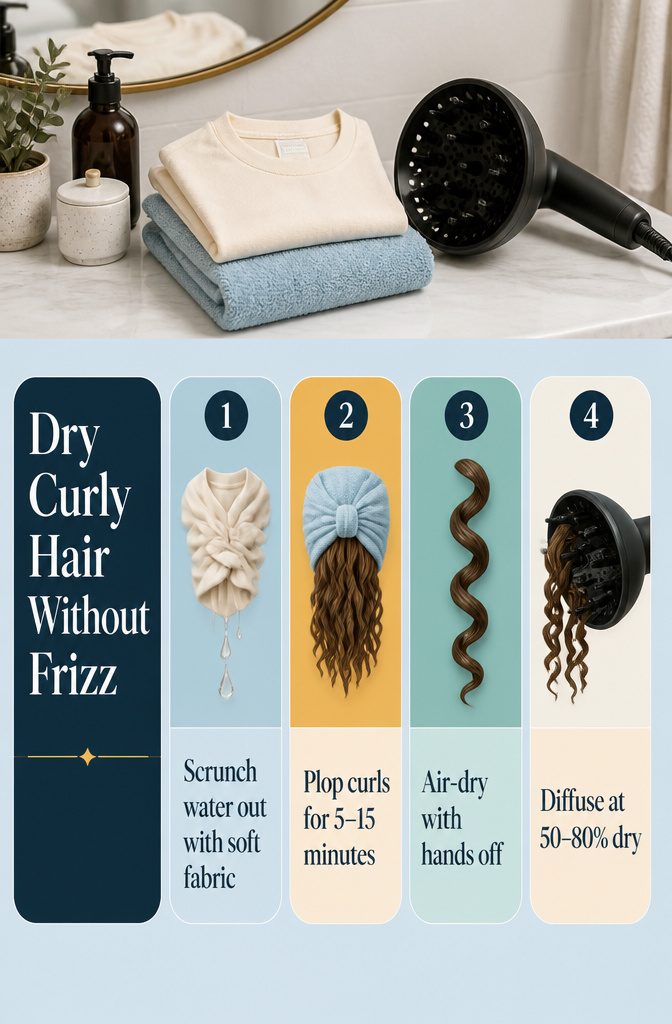 Curly hair drying checklist with illustrations of a T-shirt and diffuser