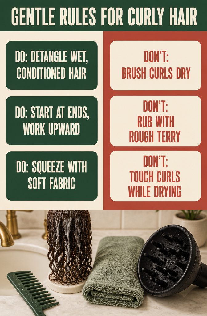 Curly hair care checklist with illustrations of a comb and soft towel