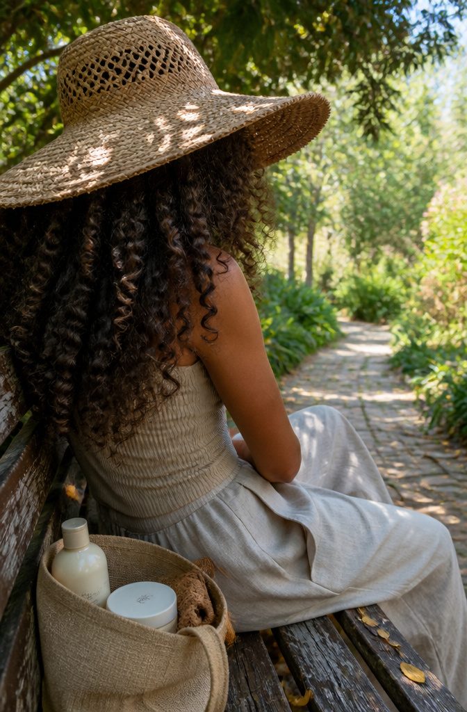 Bouncy curly hair under a wide-brimmed hat beside conditioner and a mask