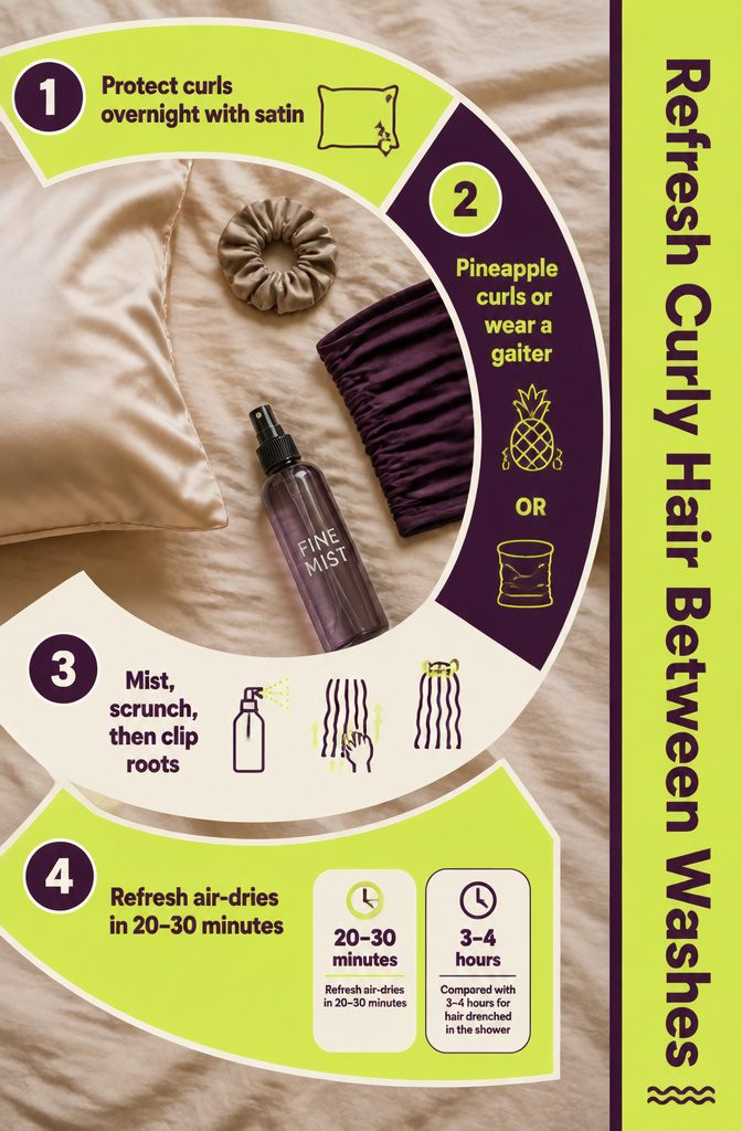 Curly hair refresh checklist with a spray bottle and sleep accessories