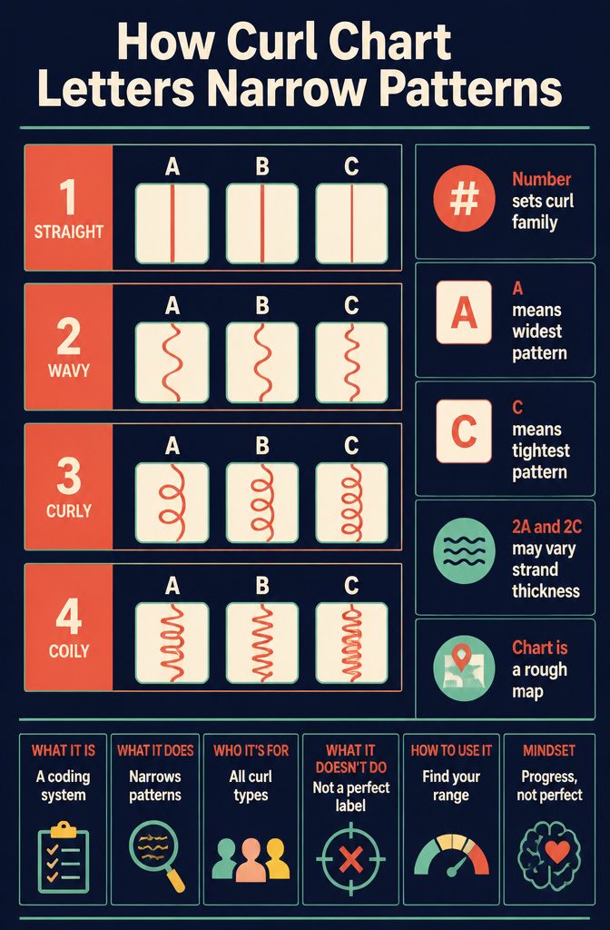 Curl chart with numbered families and lettered patterns from loose to tight
