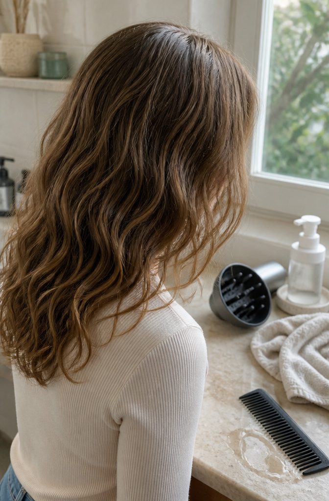 2A hair with flat roots and loose waves through the lower lengths