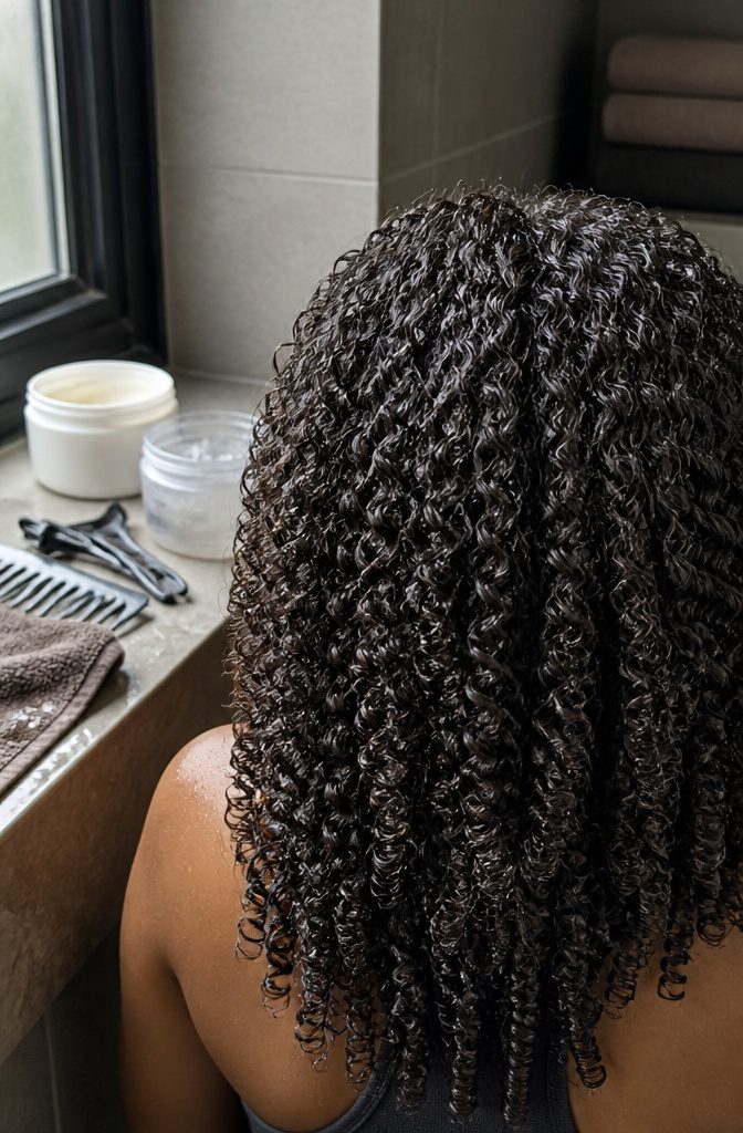 3C hair with dense straw-width corkscrew curls and full roots