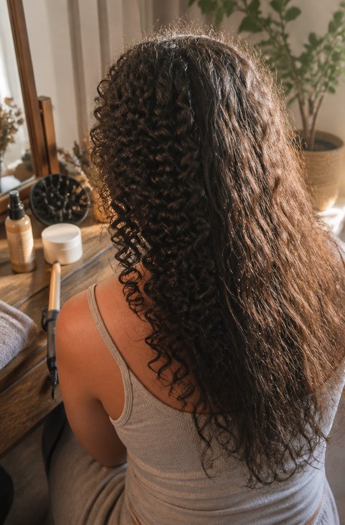 Head of hair with defined coils beside a looser heat-damaged section