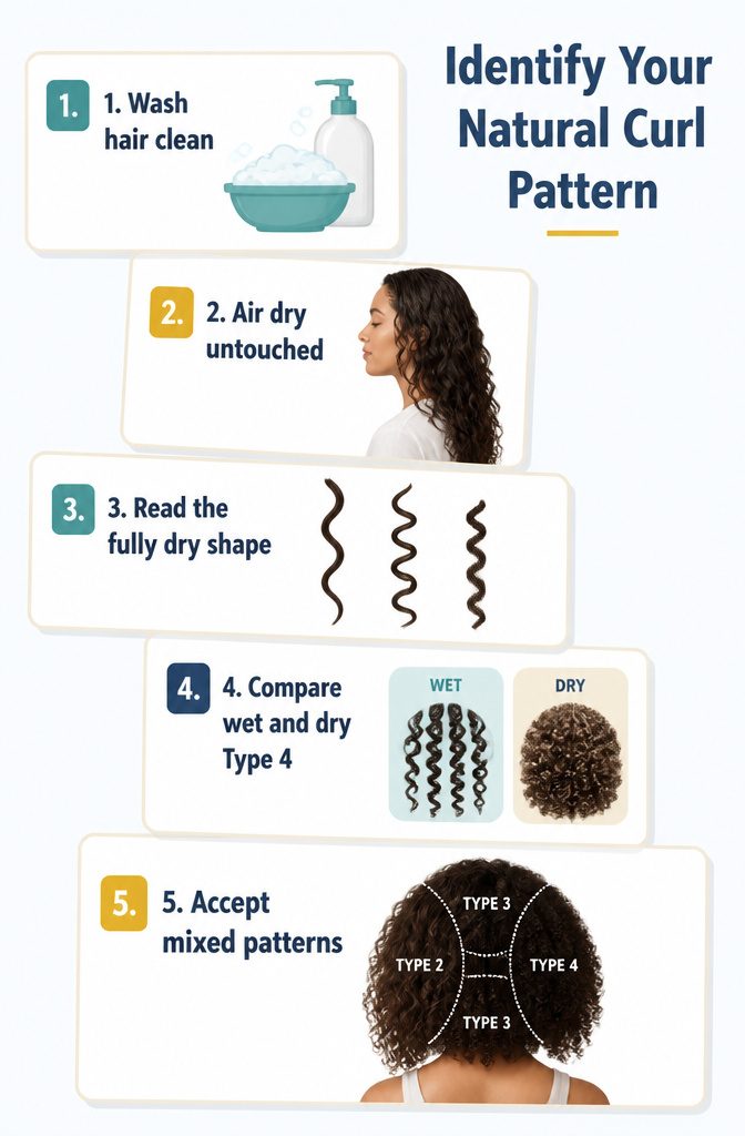 Curl pattern guide with steps for identifying natural hair texture