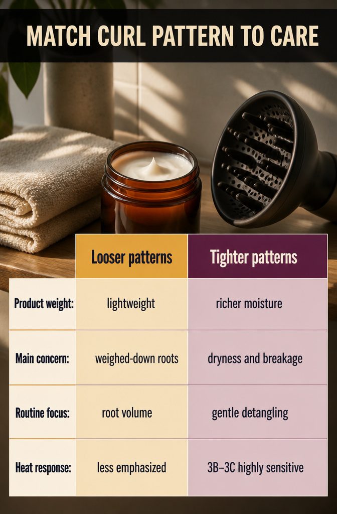 Curl care chart comparing moisture and product needs across hair patterns