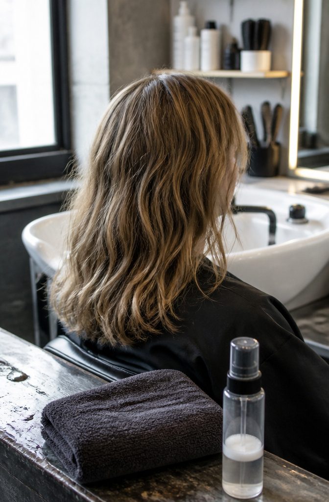 Hair with faint S-shaped waves and little volume at the crown