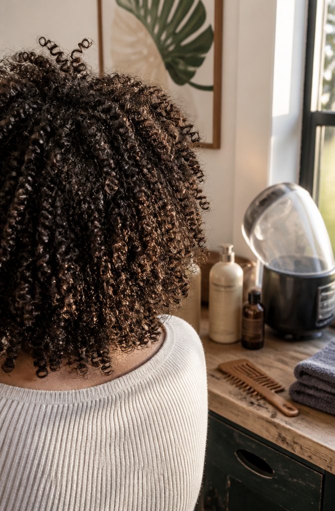 Hair with dense pencil-width corkscrew curls starting at the roots