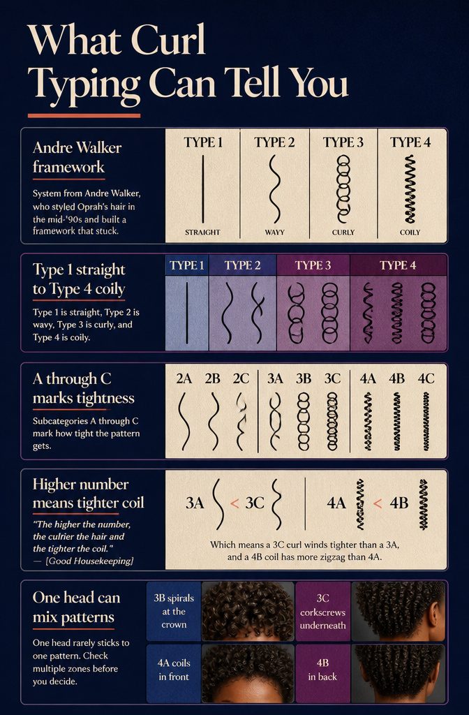 Curl chart showing four hair types and A through C subcategories