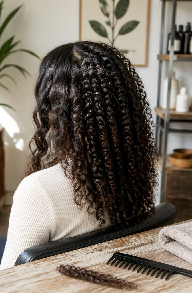 Person with straight strands, waves and compact curls across the scalp