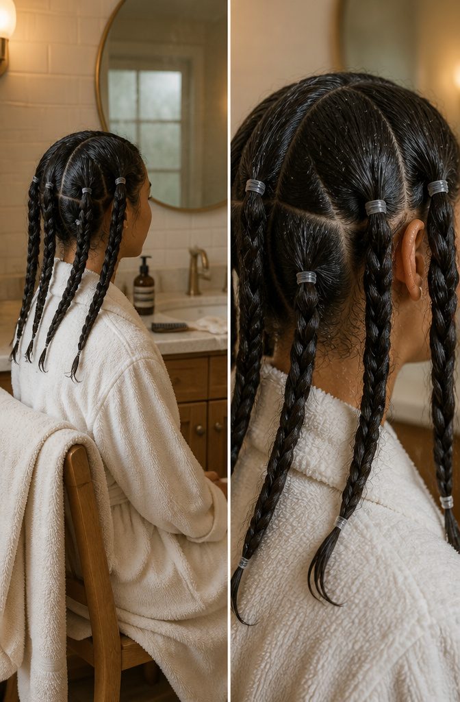 Curly hair divided into sections and braided while damp