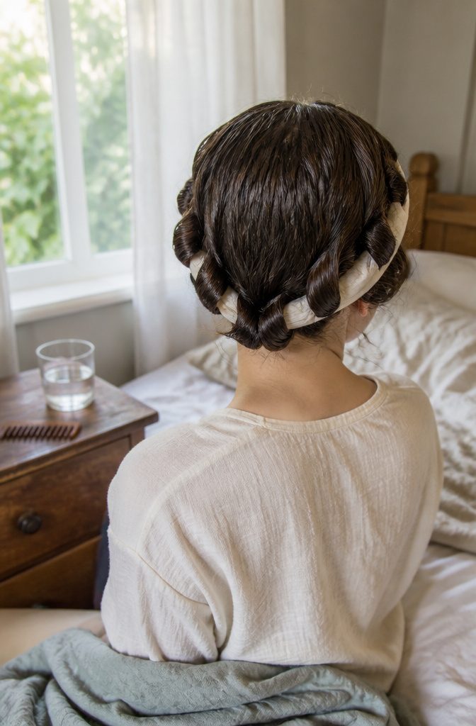 Damp hair wrapped around an elastic headband on both sides
