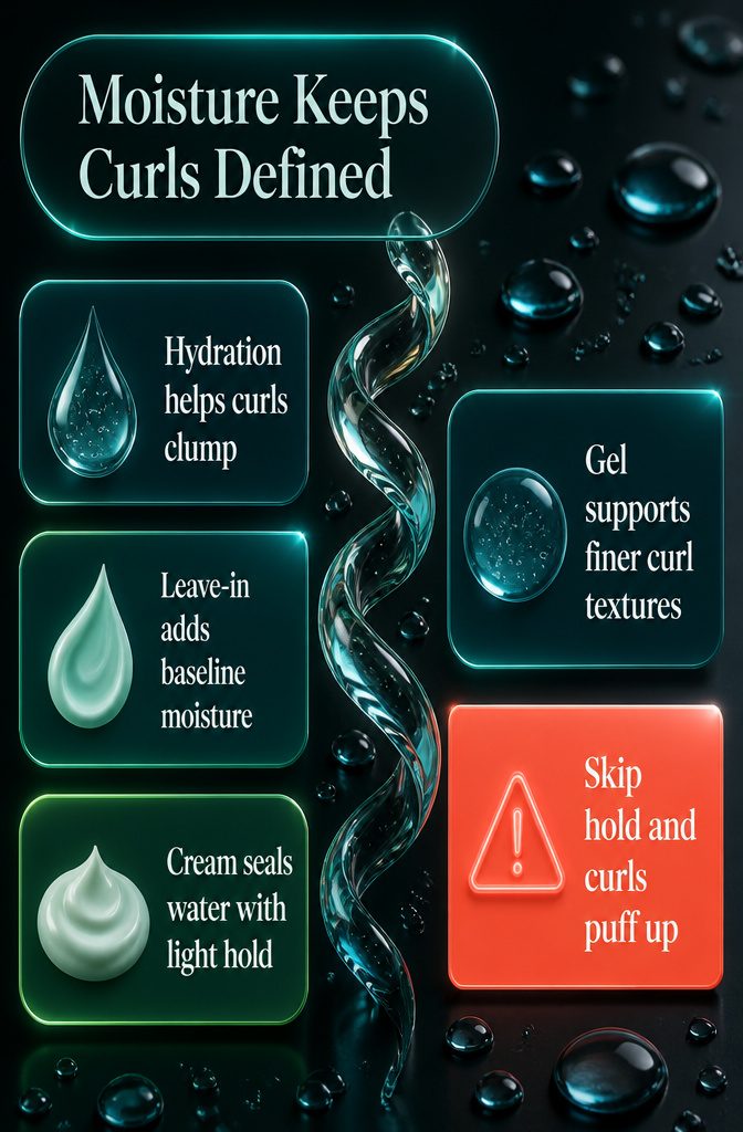 Curly hair with defined hydrated clumps and smooth styling product