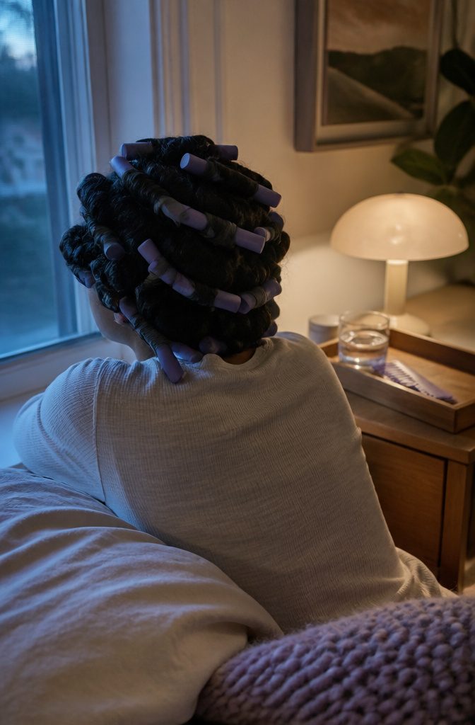 Damp hair rolled toward the scalp in foam rollers and fabric strips