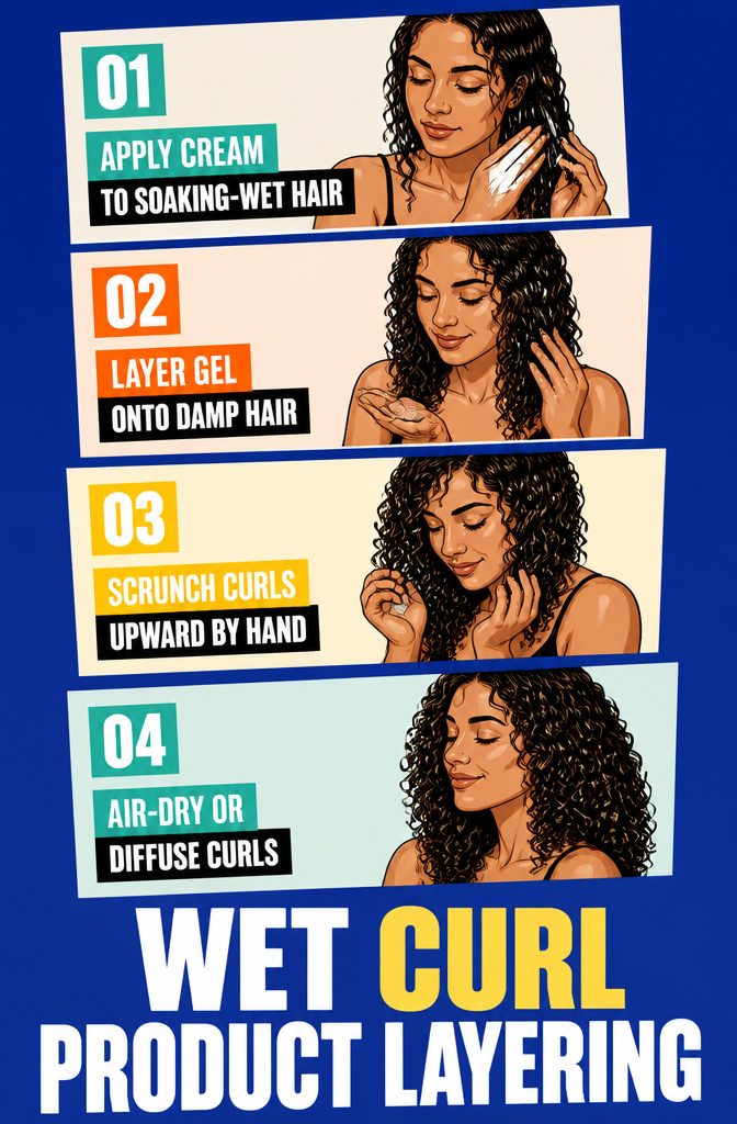 Wet curl product layering with cream and gel worked through curls