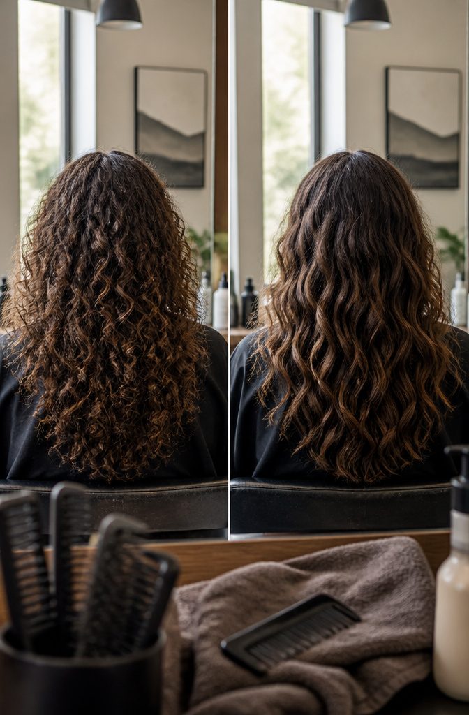 Hair roots and lengths showing different curl patterns from scalp to ends