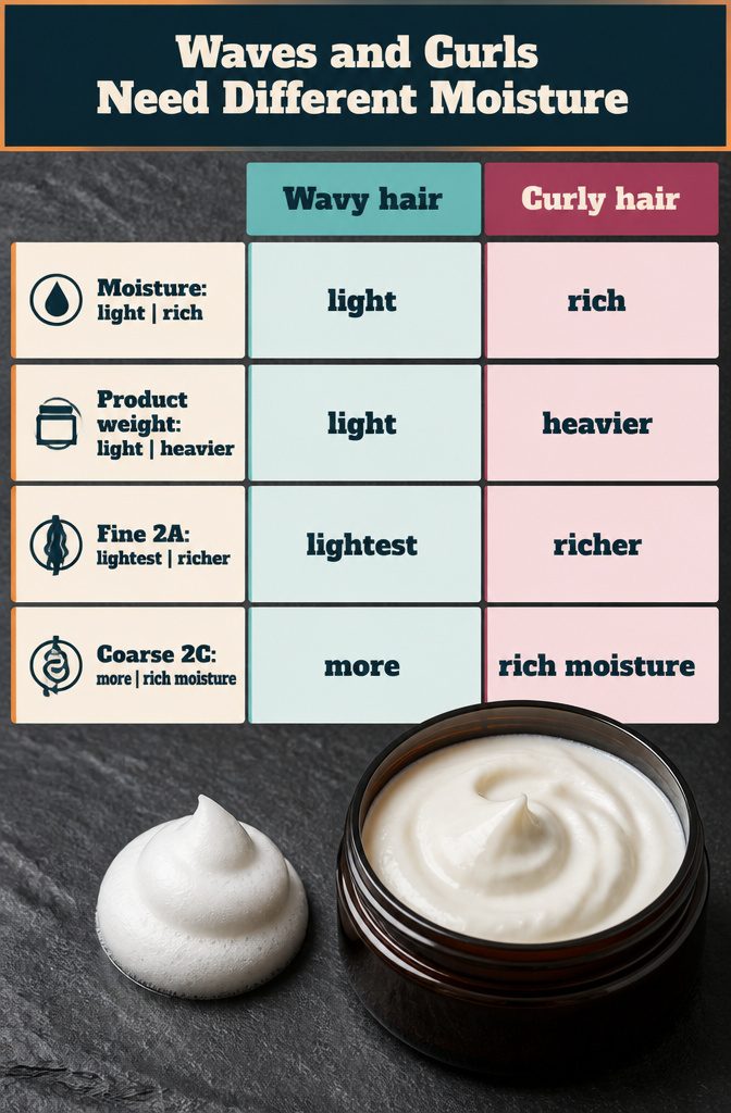 Beauty graphic comparing moisture and product needs for wavy and curly hair
