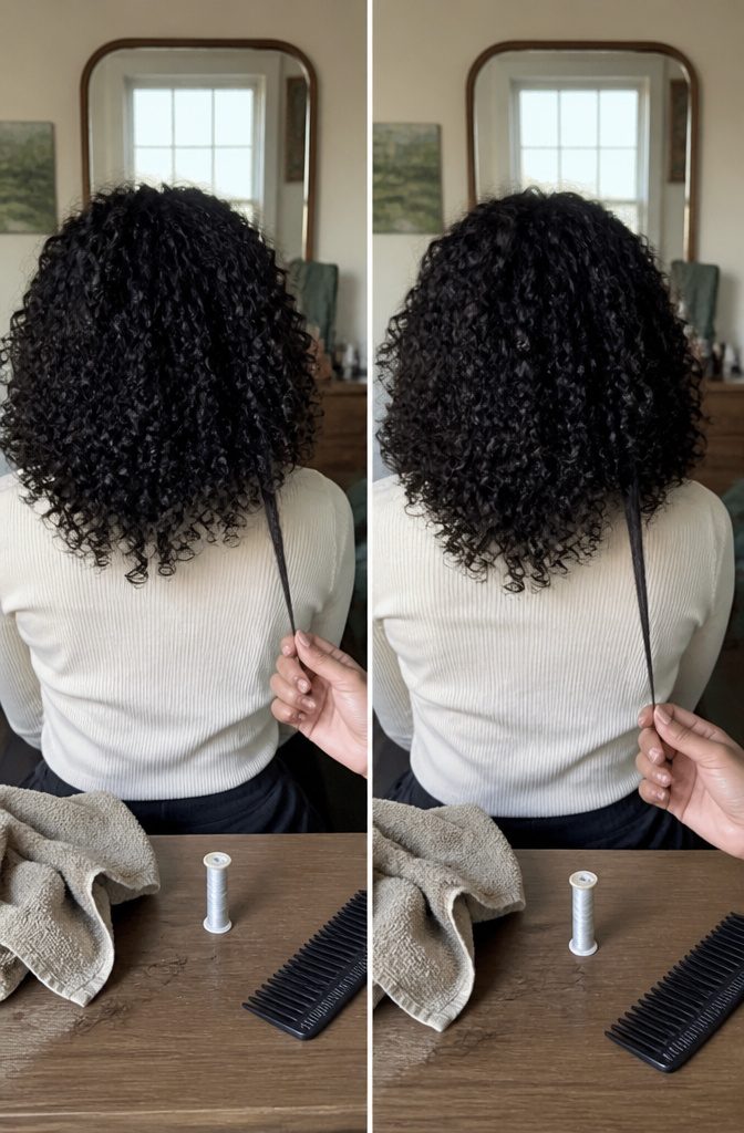 Hair strands shown stretched out and at their shorter natural length