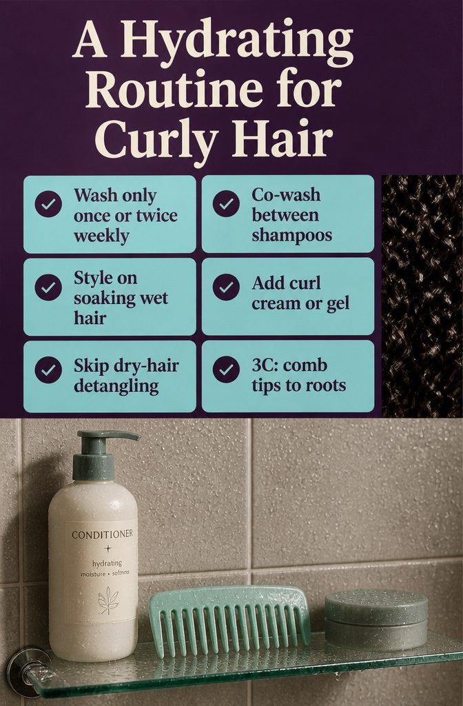 Beauty graphic listing hydration, curl styling and detangling steps