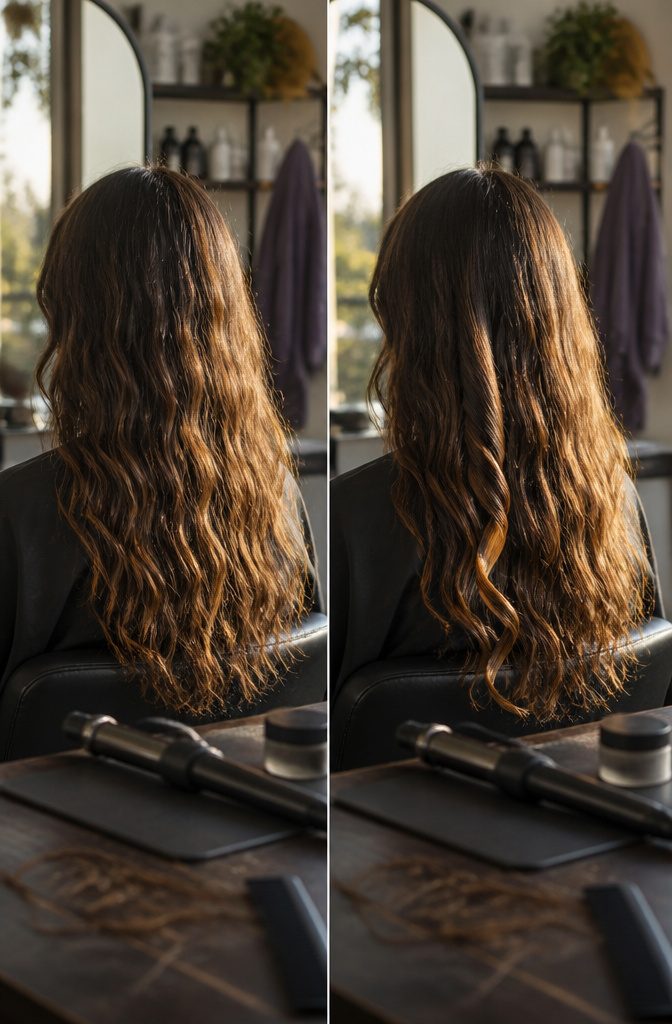 Hair shaped with a flat iron and curl-enhancing product