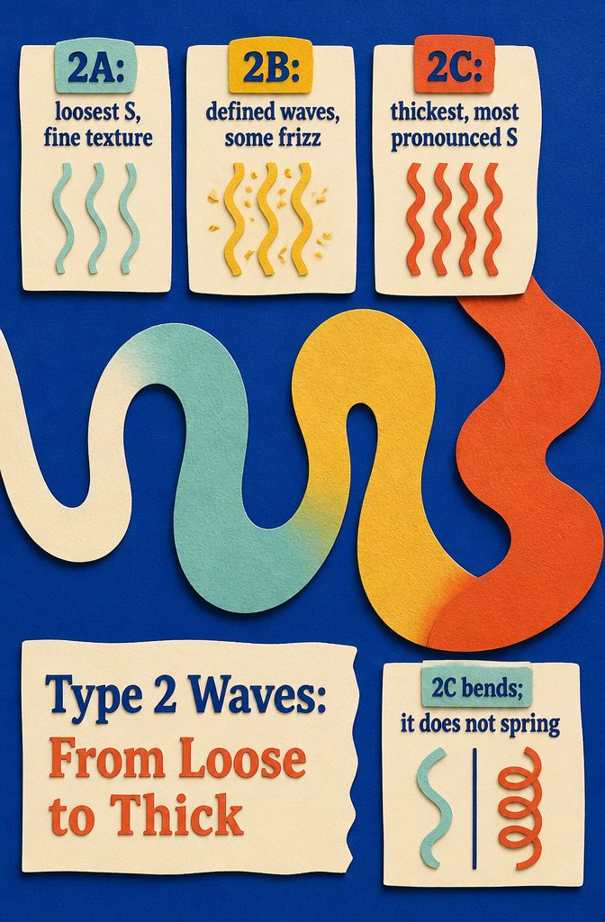 Beauty graphic with examples of loose, defined and thick wave patterns