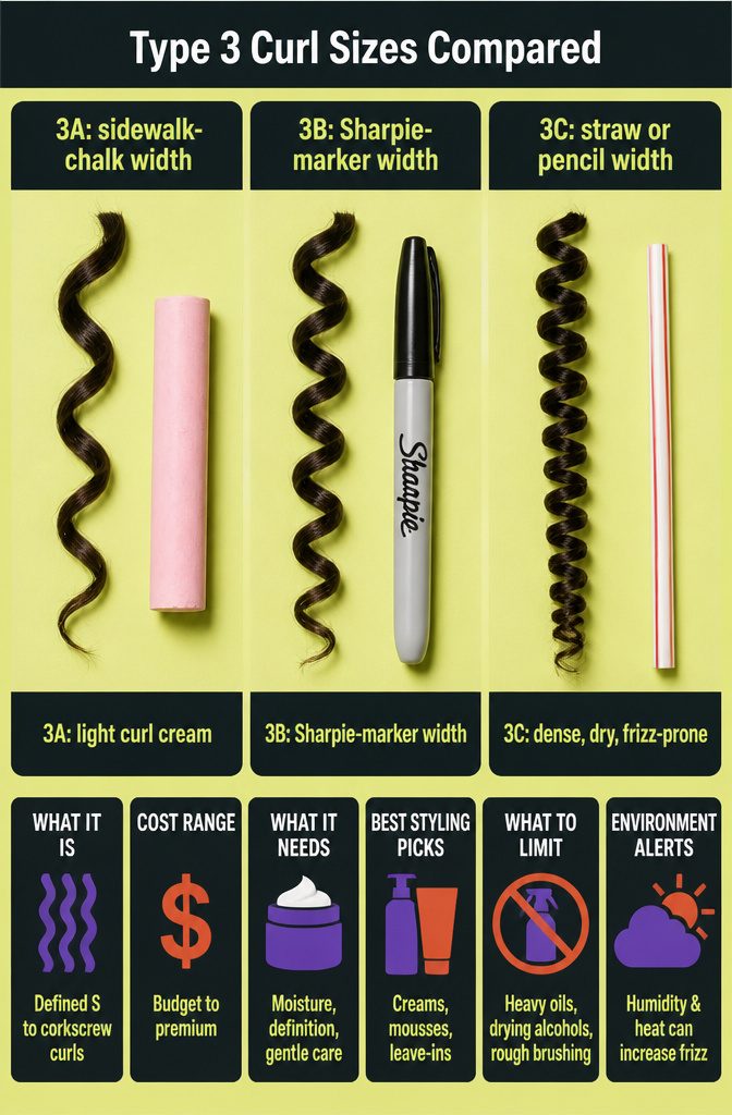 Beauty graphic comparing loose curls, marker-sized curls and pencil-width coils