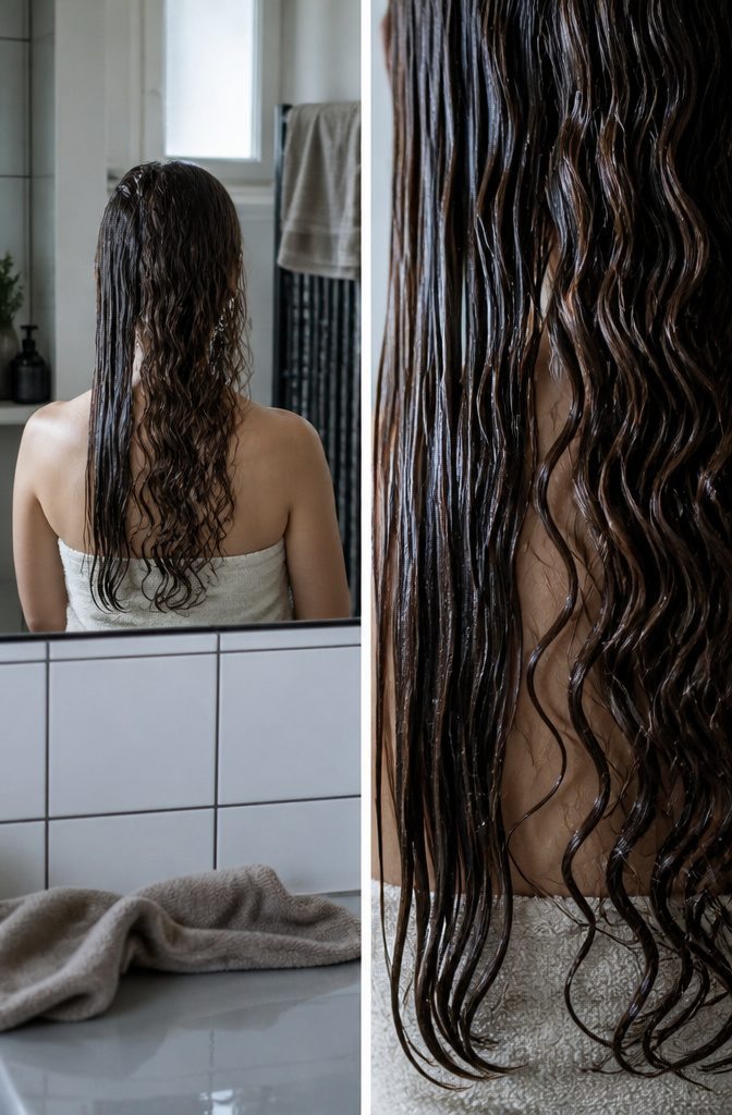 Wet and dry hair showing changes in waves and curls