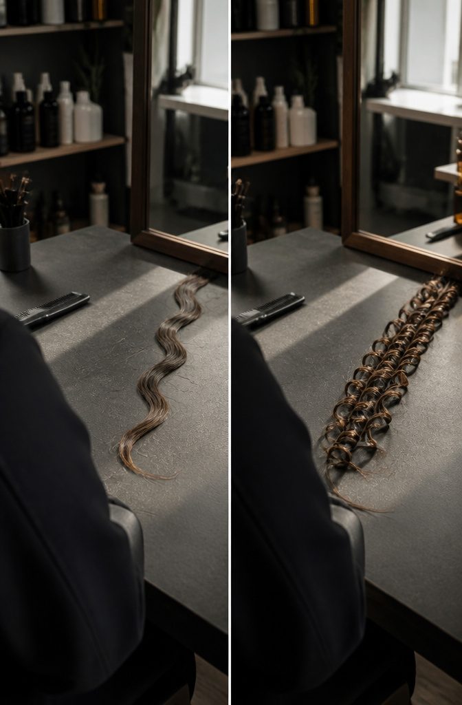 Loose S-shaped waves beside hair formed into looping spirals