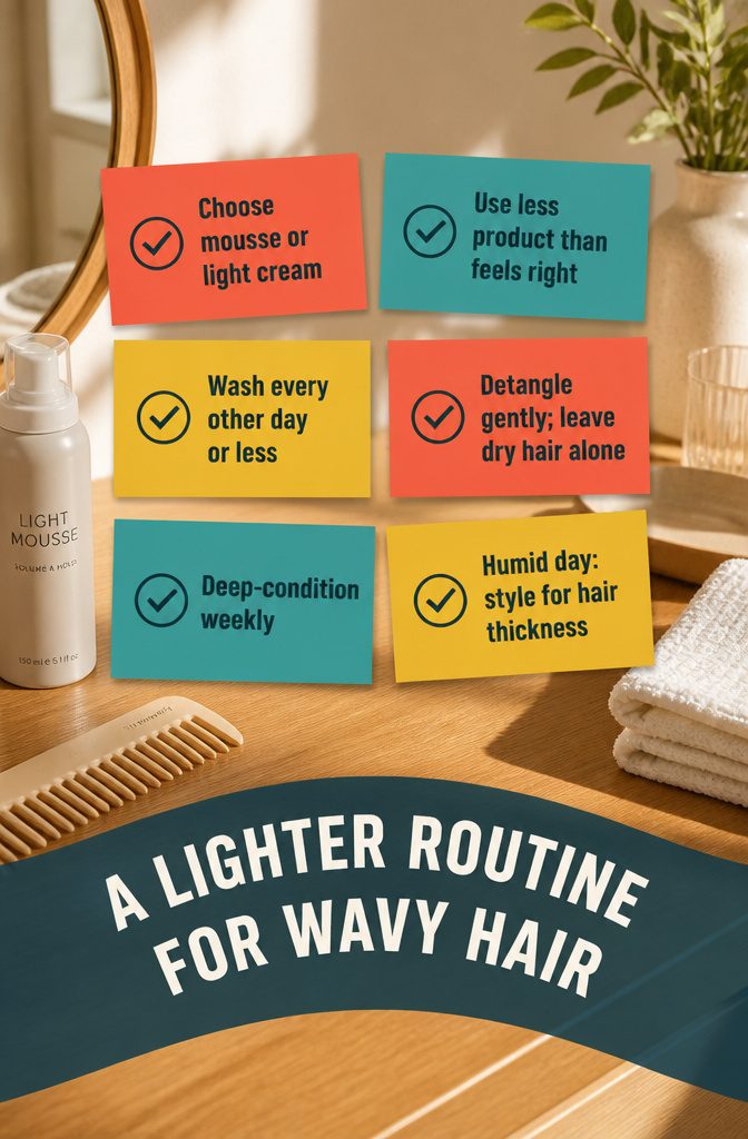 Beauty graphic listing light products and gentle care for wavy hair