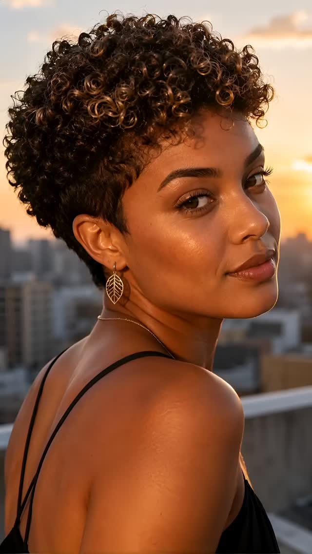 Woman showing a short curly pixie with voluminous curls at sunset