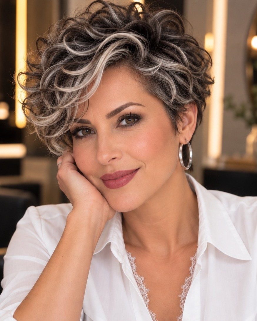 Woman with a short curly pixie cut streaked with silver-gray highlights