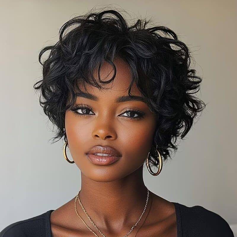 Woman with a tousled curly pixie cut and soft curls feathering her forehead