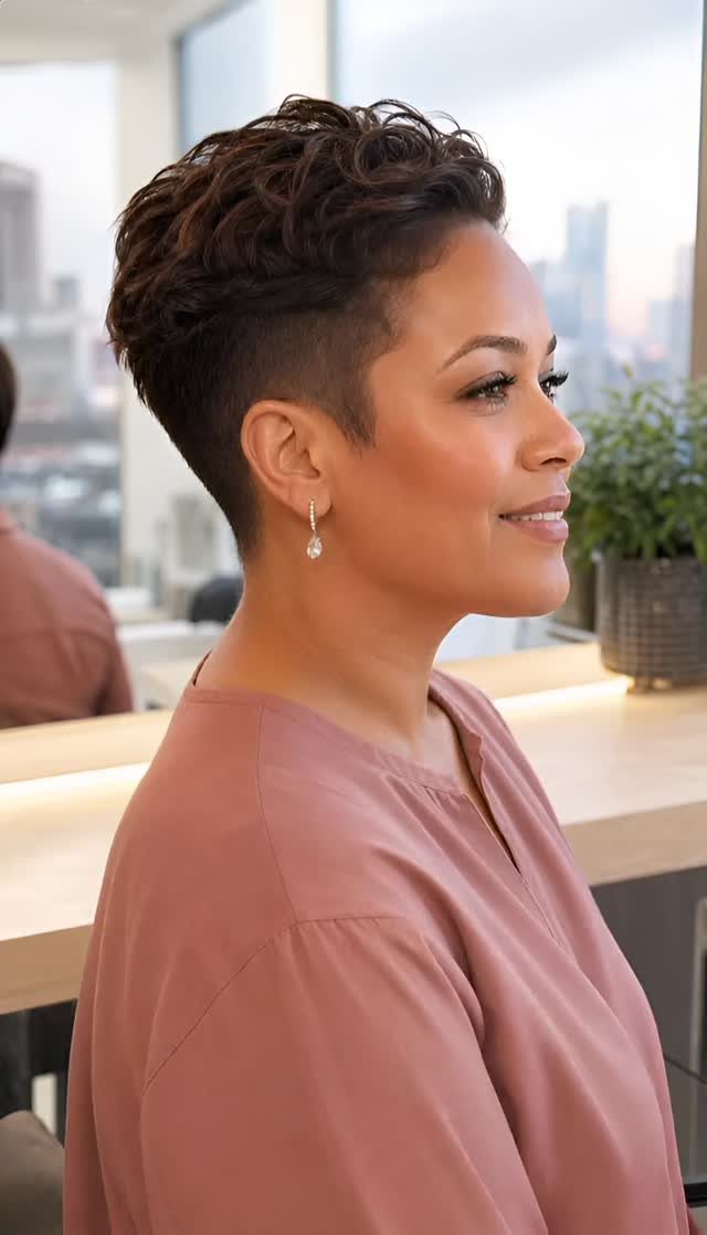 Woman with sculpted short curls and tapered sides in a bright salon