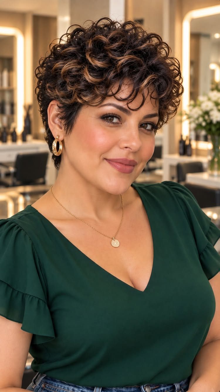 Woman with short dark curls swept across her forehead, wearing a green top