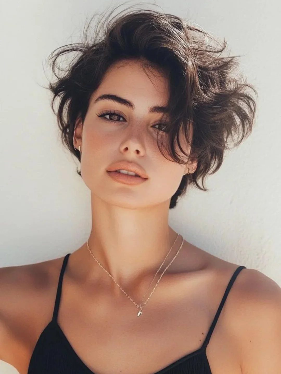 Woman with voluminous short dark waves swept to one side