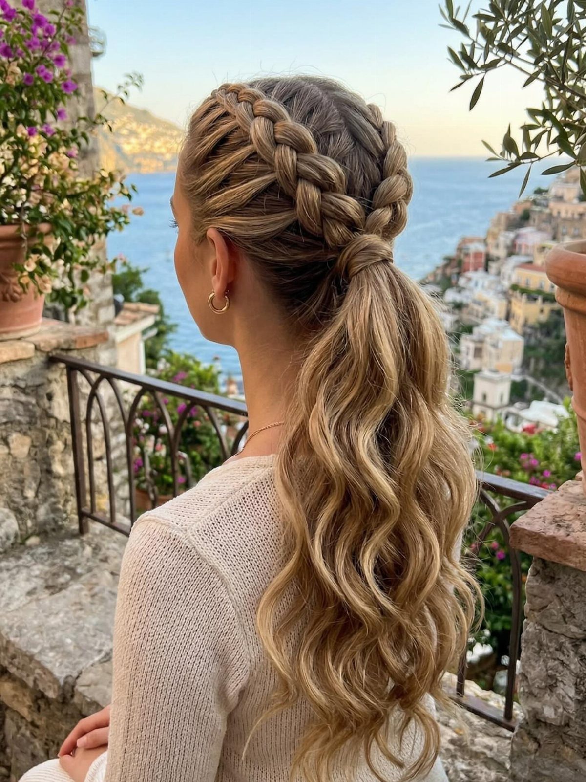 Raised Dutch braids join a long wavy ponytail on a woman