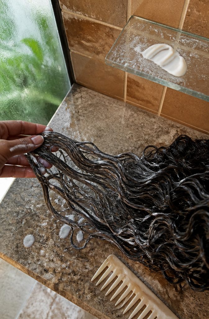 Hand applying detangling product through a section of curly hair