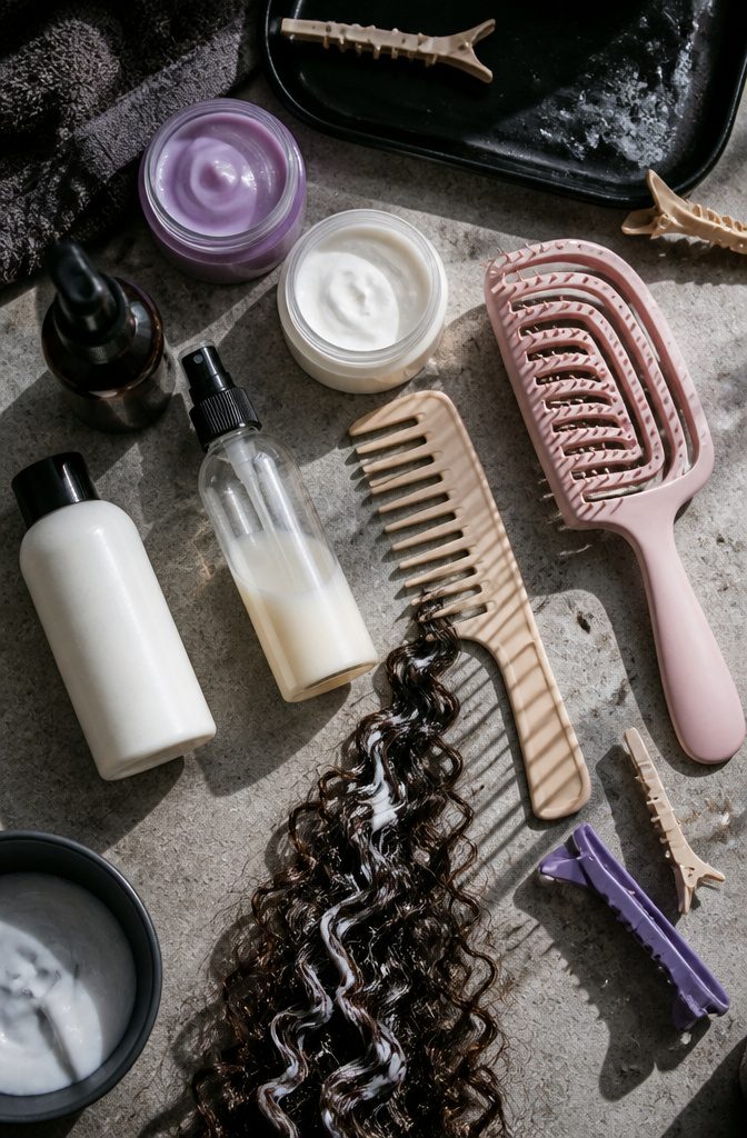 Leave-in hair products and detangling brushes arranged together