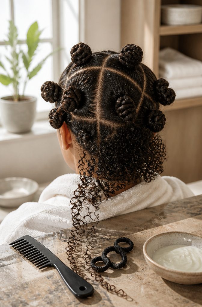 Curly hair divided into sections and secured with clips