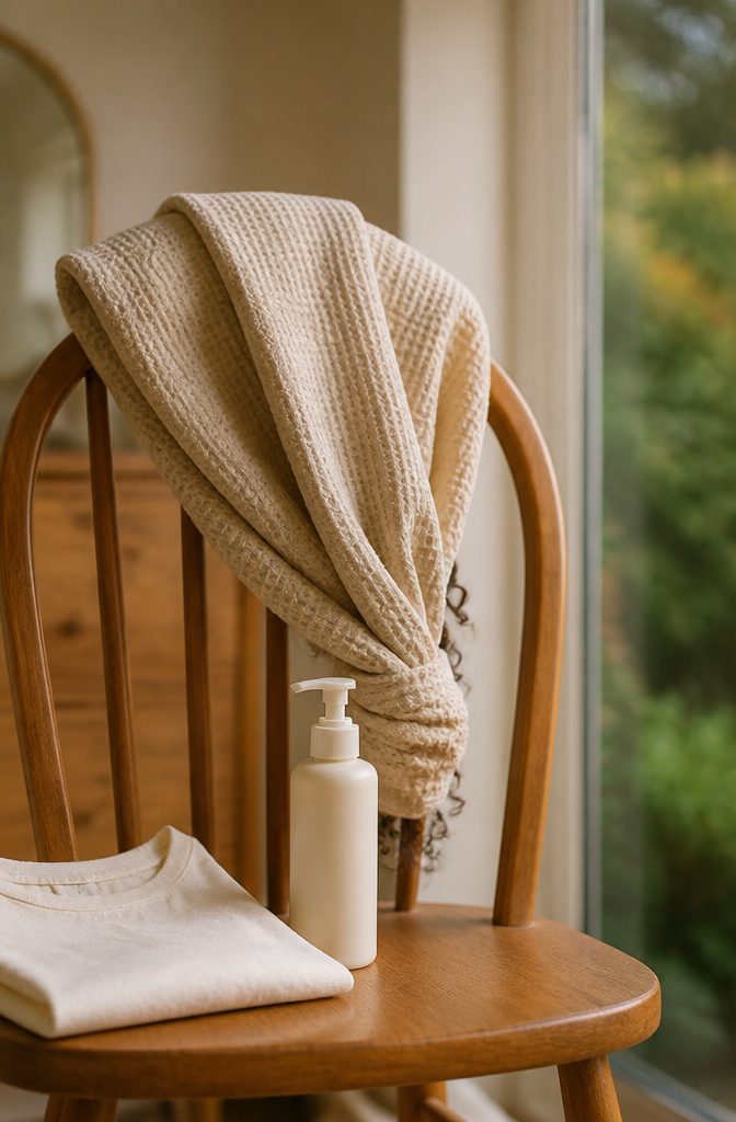 Curly hair wrapped loosely in a flat-weave hair towel