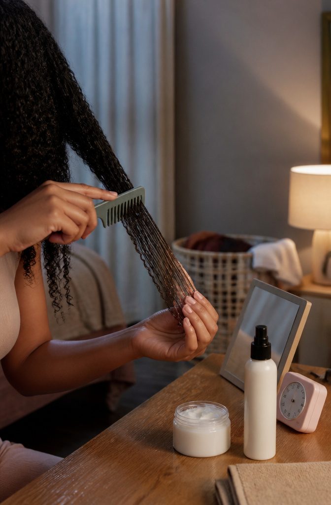 Hand supporting the ends of a tightly curled section during detangling