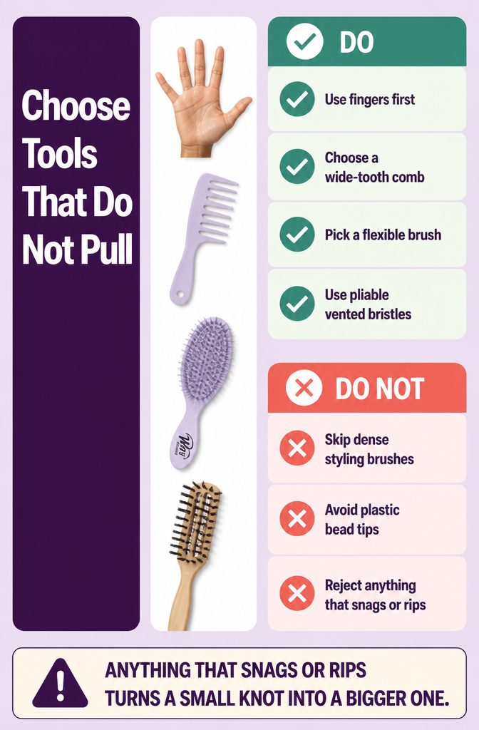 Wide-tooth comb and flexible detangling brushes arranged together